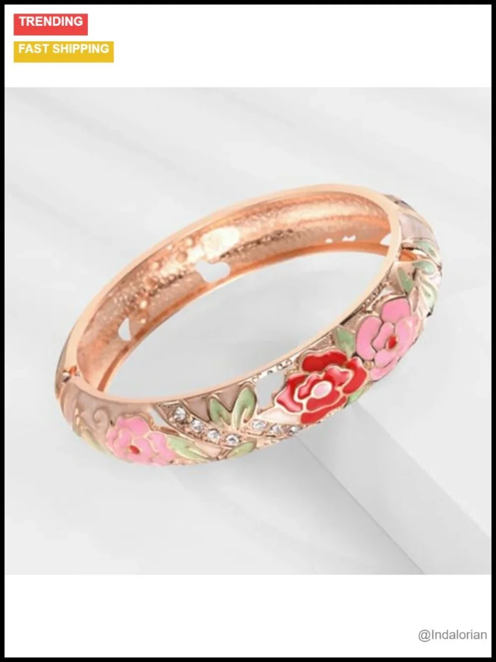 Vintage Cloisonne Enameled Rhinestone Rose Hinged Cuff Bracelet Bangle Set